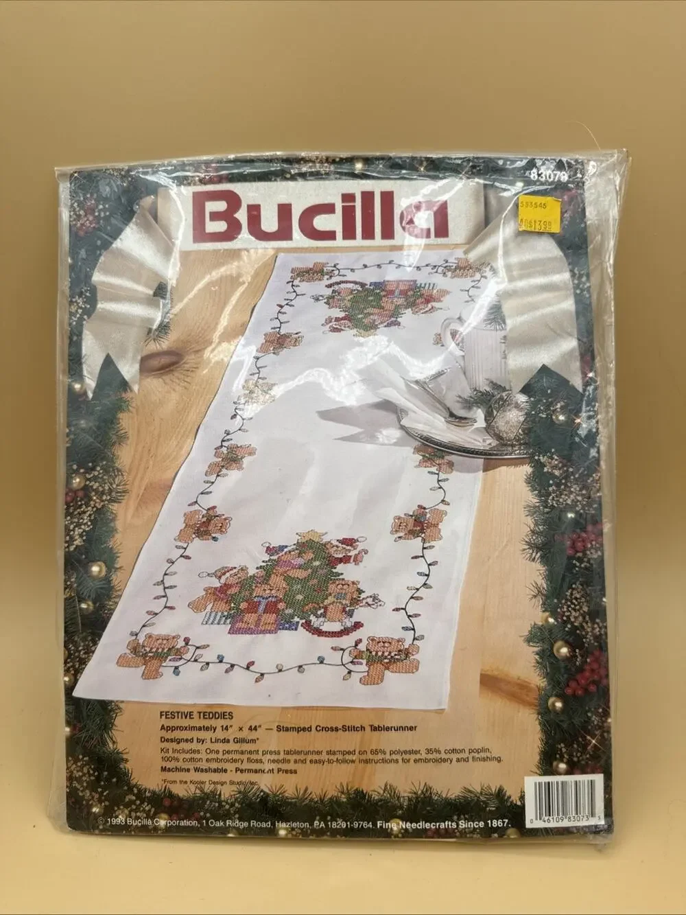 Bucilla Festive Teddies 93 Stamped Cross Stitch Table Runner 83073 Christmas C08